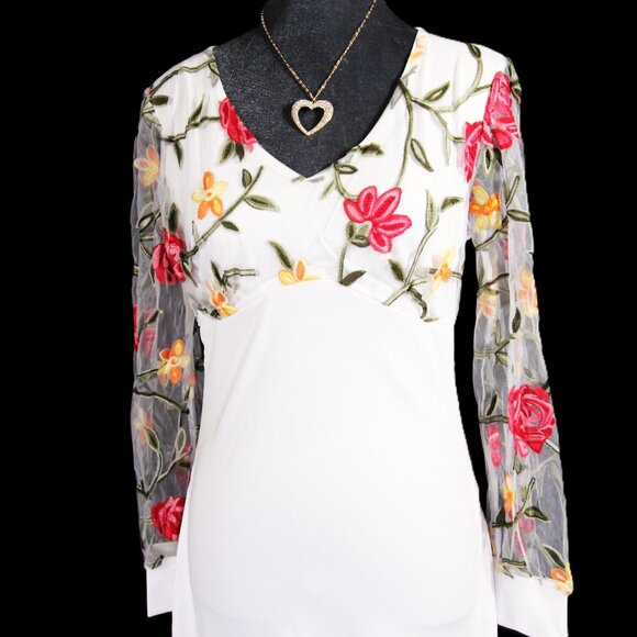 NWOT Elegant V-Neck Long Sleeve Pencil Flower Dress - Picture 2 of 4